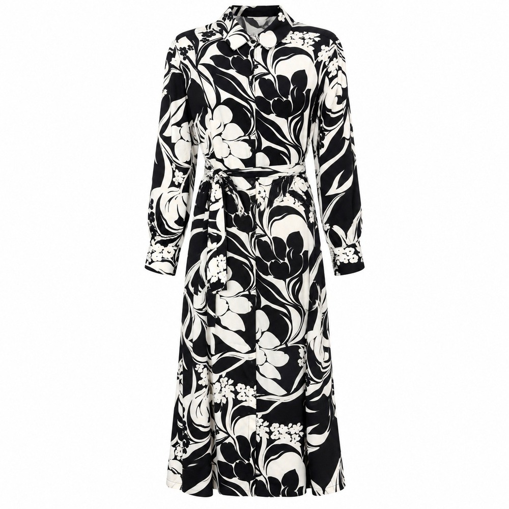 Chicos Size 3 Mod Floral Maxi Shirt Dress Women 16 Monochrome Elegant Timeless